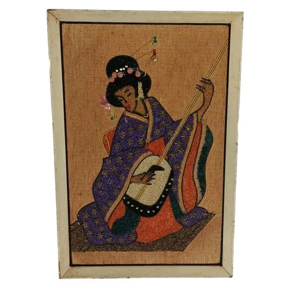 Vintage Asian Geisha Framed Art Gravel Pebble Mid Century 13" x 18" - Picture 1 of 16